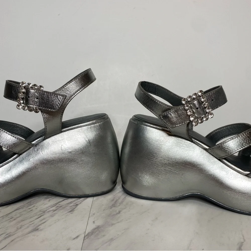 New! Free People Brooklyn Silver Leather Ankle Strap Sandal 9 1/2